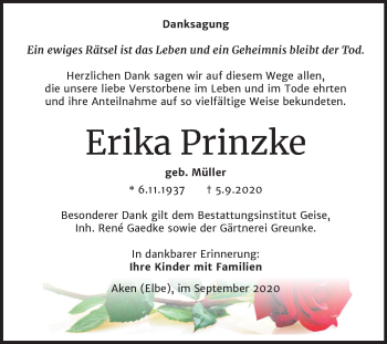 Traueranzeige von Erika Prinzke von Mitteldeutsche Zeitung Köthen