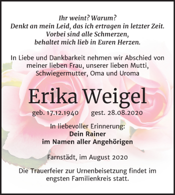 Traueranzeige von Erika Weigel von Mitteldeutsche Zeitung Merseburg/Querfurt