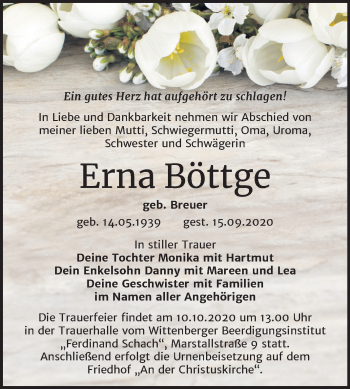 Traueranzeige von Erna Böttge von Mitteldeutsche Zeitung Wittenberg