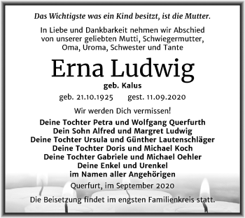 Traueranzeige von Erna Ludwig von Super Sonntag Merseburg/Querfurt