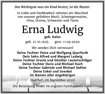 Traueranzeige von Erna Ludwig von Mitteldeutsche Zeitung Merseburg/Querfurt