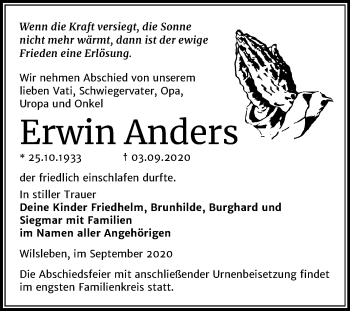 Traueranzeige von Erwin Anders von Super Sonntag Aschersleben