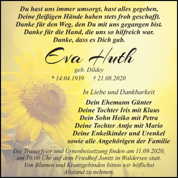 Traueranzeige von Eva Huth von Super Sonntag Dessau-Roßlau