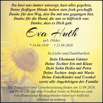Traueranzeige von Eva Huth von Mitteldeutsche Zeitung Dessau-Roßlau