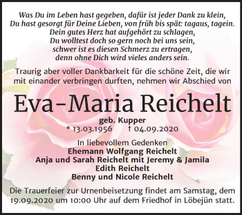 Traueranzeige von Eva-Maria Reichelt von Mitteldeutsche Zeitung Halle/Saalkreis