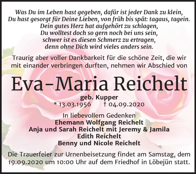  Traueranzeige für Eva-Maria Reichelt vom 12.09.2020 aus Mitteldeutsche Zeitung Halle/Saalkreis