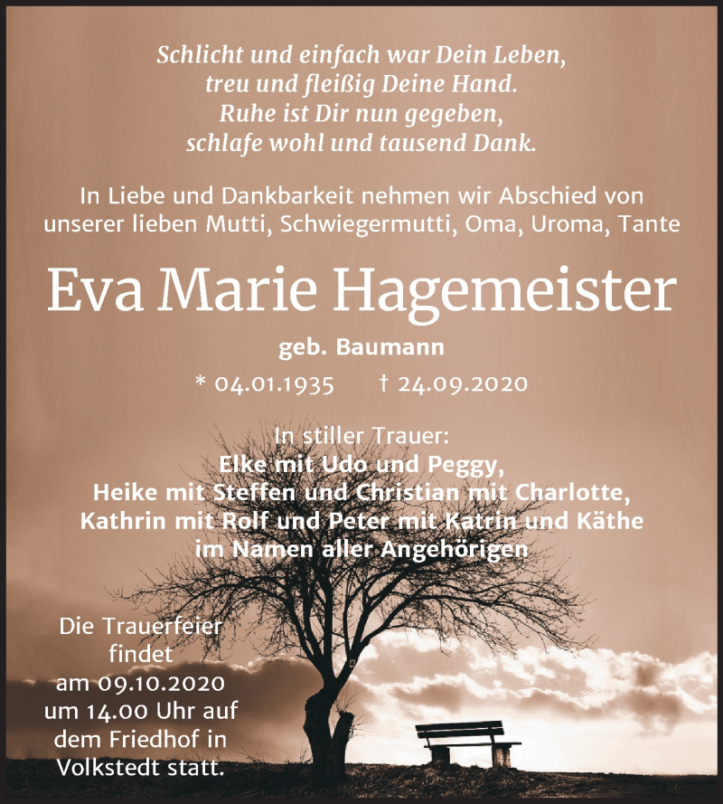  Traueranzeige für Eva Marie Hagemeister vom 30.09.2020 aus Wochenspiegel Mansfelder Land