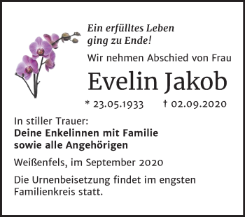 Traueranzeige von Evelin Jakob von Mitteldeutsche Zeitung Weißenfels