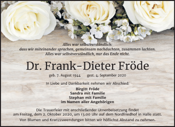 Traueranzeige von Frank-Dieter Fröde von Mitteldeutsche Zeitung Halle/Saalkreis