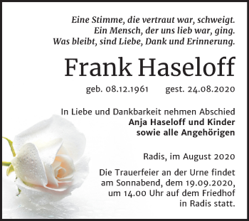 Traueranzeige von Frank Haseloff von Super Sonntag Wittenberg