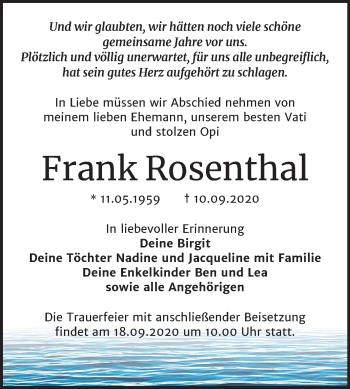 Traueranzeige von Frank Rosenthal von Wochenspiegel Dessau-Roßlau