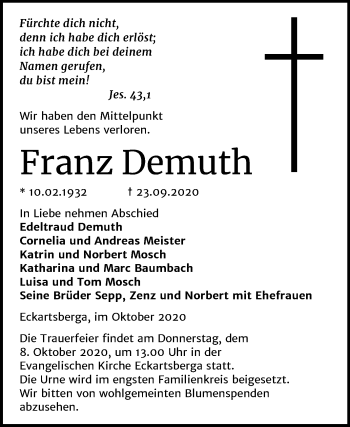 Traueranzeige von Franz Demuth von Wochenspiegel Naumburg/Nebra
