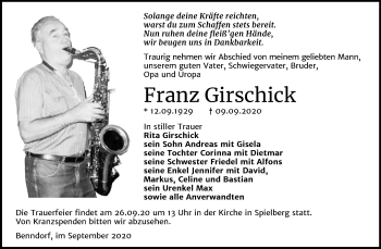 Traueranzeige von Franz Girschick von Mitteldeutsche Zeitung Naumburg/Nebra