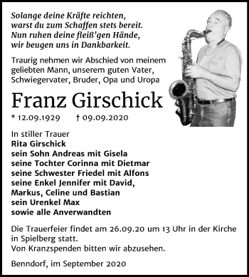 Traueranzeige von Franz Girschick von Wochenspiegel Naumburg/Nebra