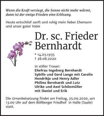 Traueranzeige von Frieder Bernhardt von Mitteldeutsche Zeitung Halle/Saalkreis