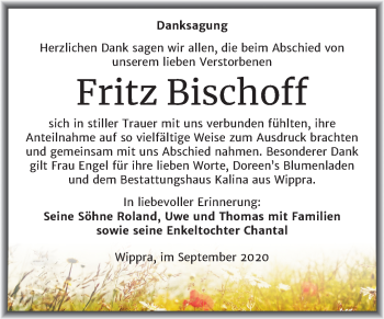 Traueranzeige von Fritz Bischoff von Mitteldeutsche Zeitung Sangerhausen