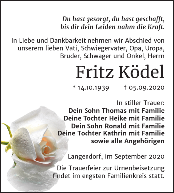 Traueranzeige von Fritz Ködel von Mitteldeutsche Zeitung Weißenfels