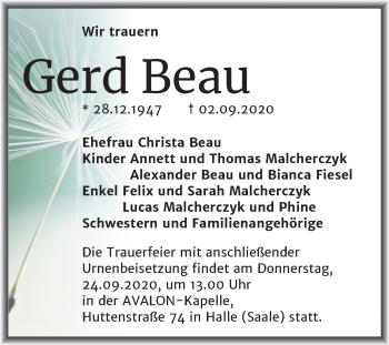 Traueranzeige von Gerd Beau von Mitteldeutsche Zeitung Halle/Saalkreis