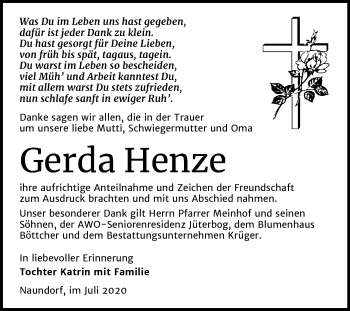 Traueranzeige von Gerda Henze von Mitteldeutsche Zeitung Wittenberg