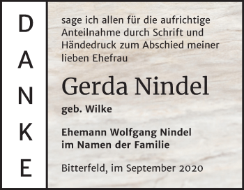 Traueranzeige von Gerda Nindel von Wochenspiegel Bitterfeld