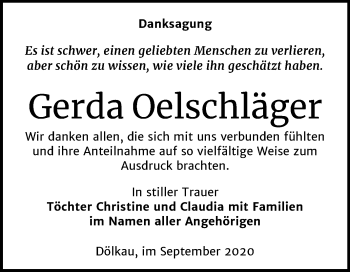 Traueranzeige von Gerda Oelschläger von Mitteldeutsche Zeitung Merseburg/Querfurt
