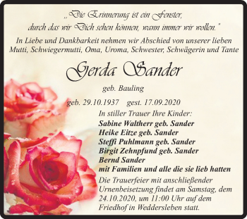 Traueranzeige von Gerda Sander von Super Sonntag Quedlinburg