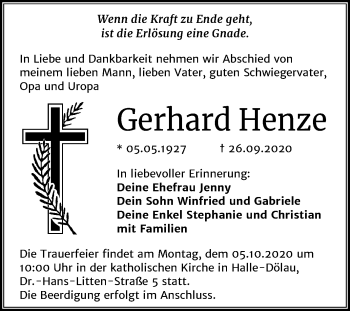 Traueranzeige von Gerhard Henze von Mitteldeutsche Zeitung Halle/Saalkreis