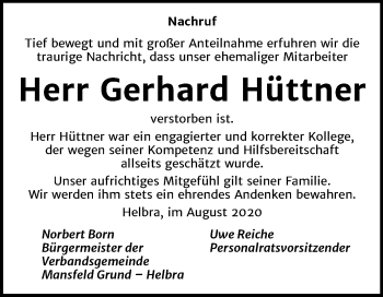 Traueranzeige von Gerhard Hüttner von Mitteldeutsche Zeitung Mansfelder Land