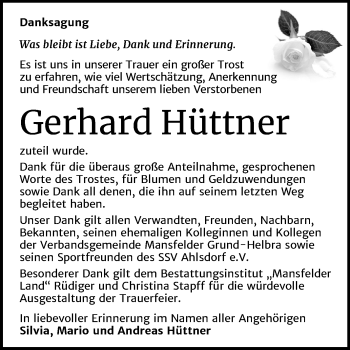 Traueranzeige von Gerhard Hüttner von Wochenspiegel Mansfelder Land