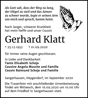Traueranzeige von Gerhard Klatt von Super Sonntag Sangerhausen