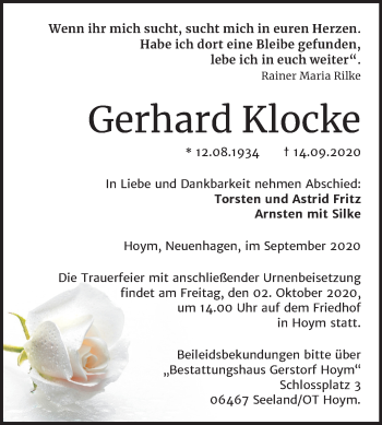 Traueranzeige von Gerhard Klocke von Mitteldeutsche Zeitung Aschersleben
