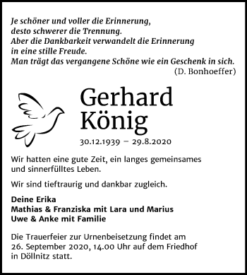 Traueranzeige von Gerhard König von Mitteldeutsche Zeitung Halle/Saalkreis