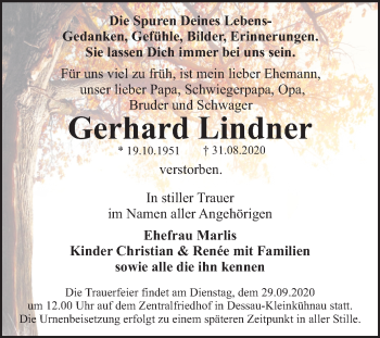 Traueranzeige von Gerhard Lindner von Super Sonntag Dessau-Roßlau