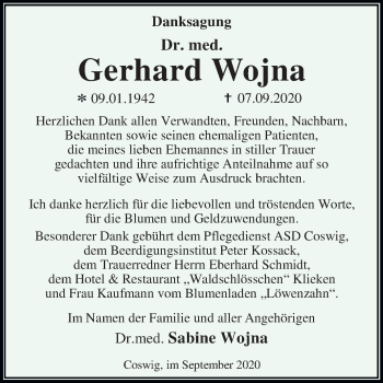 Traueranzeige von Gerhard Wojna von Mitteldeutsche Zeitung Wittenberg