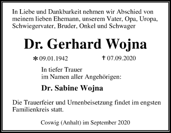 Traueranzeige von Gerhard Wojna von Mitteldeutsche Zeitung Wittenberg