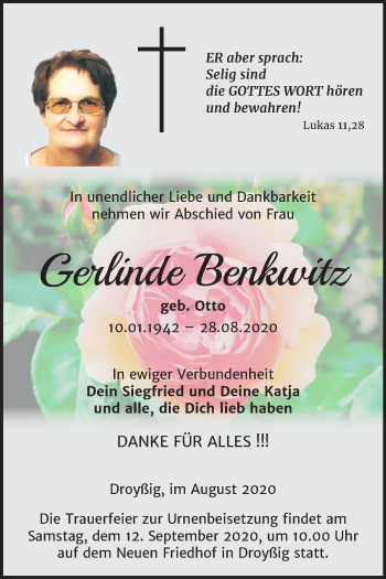 Traueranzeige von Gerlinde Benkwitz von Mitteldeutsche Zeitung Zeitz