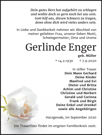 Traueranzeige von Gerlinde Enger von Super Sonntag Quedlinburg