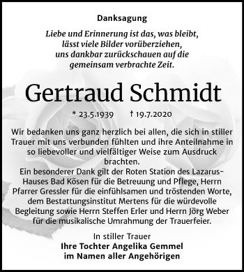 Traueranzeige von Gertraud Schmidt von Wochenspiegel Naumburg/Nebra