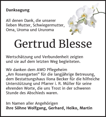 Traueranzeige von Gertrud Blesse von Super Sonntag Sangerhausen
