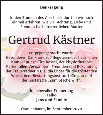 Traueranzeige von Gertrud Kästner von Super Sonntag Wittenberg
