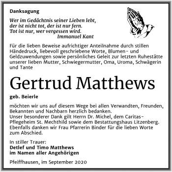 Traueranzeige von Gertrud Matthews von Super Sonntag Mansfelder Land