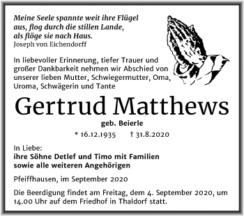 Traueranzeige von Gertrud Matthews von Mitteldeutsche Zeitung Mansfelder Land