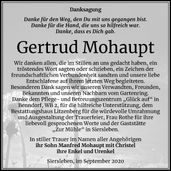 Traueranzeige von Gertrud Mohaupt von Mitteldeutsche Zeitung Mansfelder Land