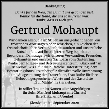 Traueranzeige von Gertrud Mohaupt von Super Sonntag Mansfelder Land