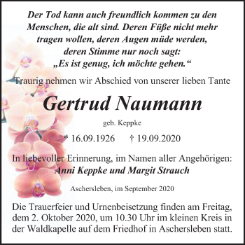 Traueranzeige von Gertrud Naumann von Super Sonntag Aschersleben