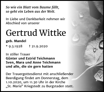 Traueranzeige von Gertrud Wittke von Mitteldeutsche Zeitung Merseburg/Querfurt