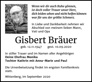 Traueranzeige von Gisbert Bräuer von Super Sonntag Wittenberg