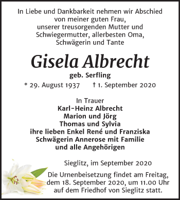 Traueranzeige von Gisela Albrecht von Wochenspiegel Naumburg/Nebra