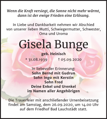 Traueranzeige von Gisela Bunge von Mitteldeutsche Zeitung Merseburg/Querfurt
