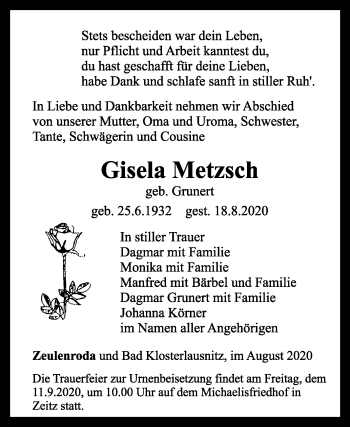 Traueranzeige von Gisela Metzsch von Mitteldeutsche Zeitung Zeitz